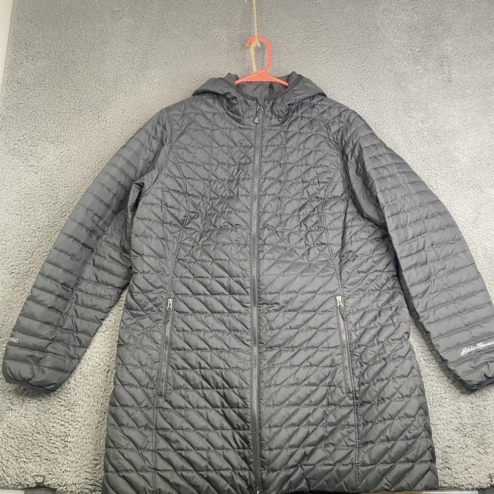 Eddie Bauer Jacket Womens XL Black EB650 Down Puffer Parka Hooded Quilted Long